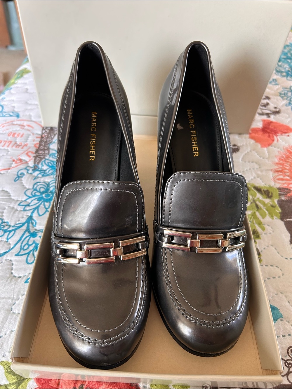 Marc Fisher Black Patent Loafers with Silver Chain Accent